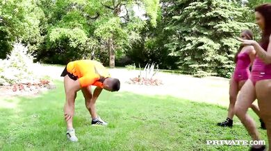 Two brunette girls sharing one dick