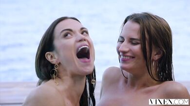 Threesome with hot babes by pool