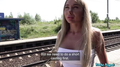 Blonde babe has sex at train station in POV