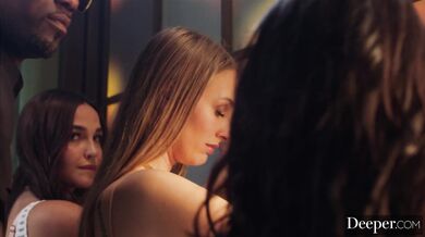 These three horny sluts share every inch of a monster black cock while getting their brains fucked out in an epic gangbang style session