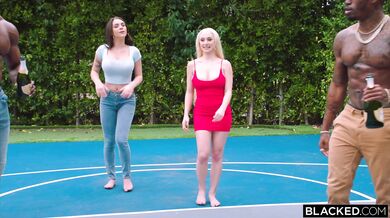 Best friends Gabbie Carter and Skylar Vox share a big black cock behind their boyfriends backs