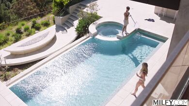 Laura Bentley can't hide her hunger for the pool boy's thick wood as she drains him poolside