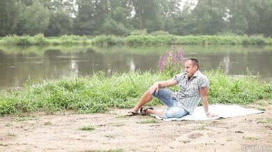 Sexy brunette Viktoria Sweet gives a deep blowjob outdoors in nature