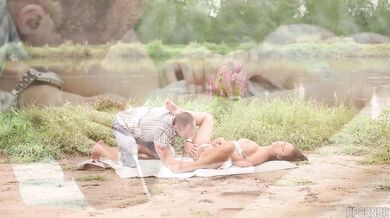 Sexy brunette Viktoria Sweet gives a deep blowjob outdoors in nature